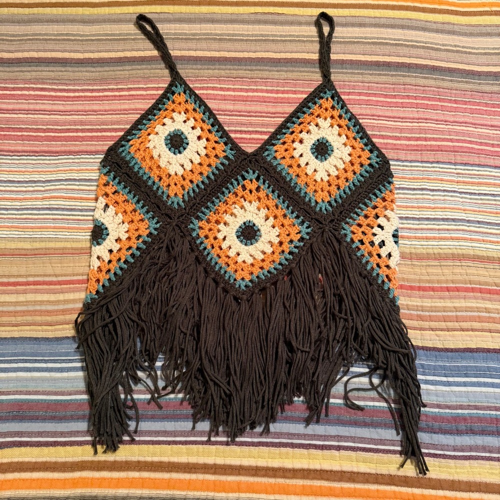 Rock and‎ Roll Denim Womens Small Crochet Granny Square Fringe Cami Top